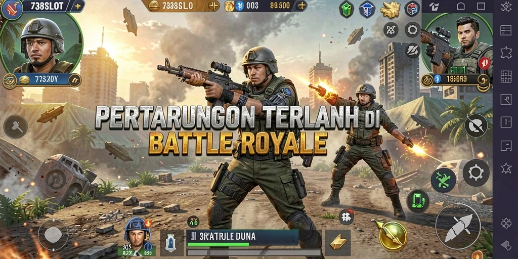 Screenshot gameplay 738SLOT dalam pertempuran Battle Royale yang mendebarkan.