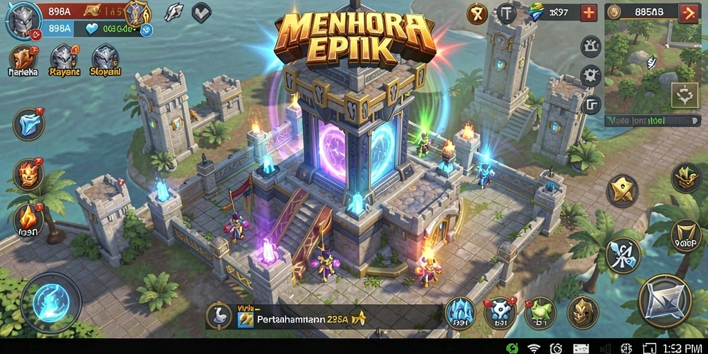 Screenshot utama dari gameplay <strong>898A</strong> menampilkan pertahanan menara yang strategis.