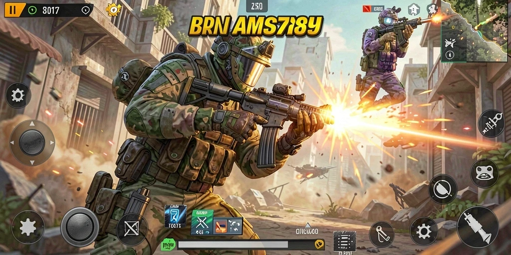 Screenshot menunjukkan pertempuran intens dalam gameplay AMS789.