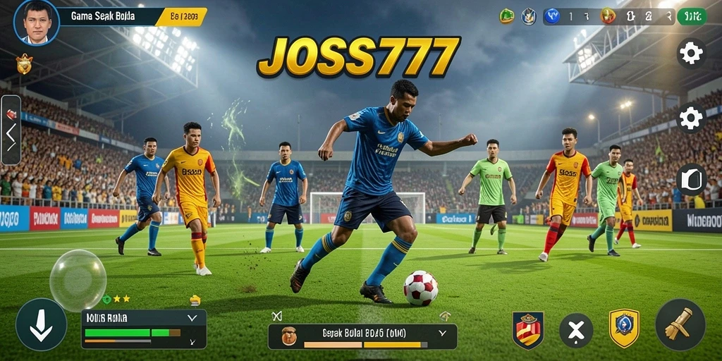 Tangkapan layar gameplay JOSS777 menampilkan aksi sepak bola yang intens.