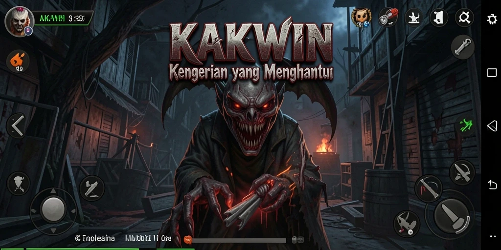 Screenshot gameplay KAKWIN menampilkan suasana menyeramkan dan karakter menakutkan.