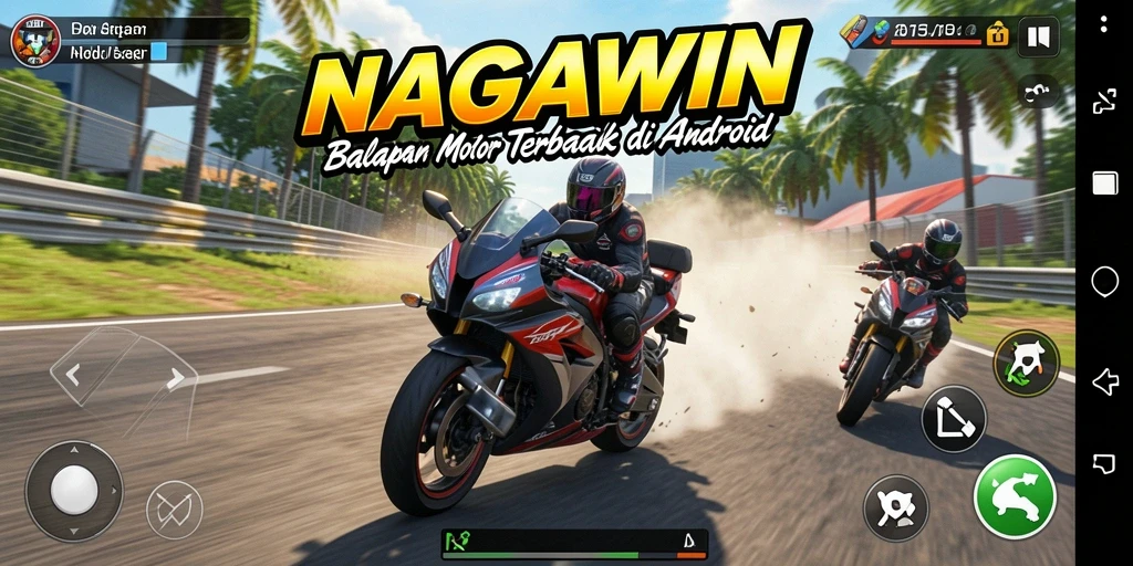 Tampilan gameplay seru NAGAWIN yang menampilkan balapan motor yang mendebarkan.