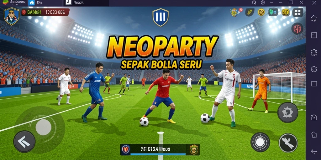 Screenshot gameplay NEOPARTY menampilkan aksi seru di lapangan sepak bola.