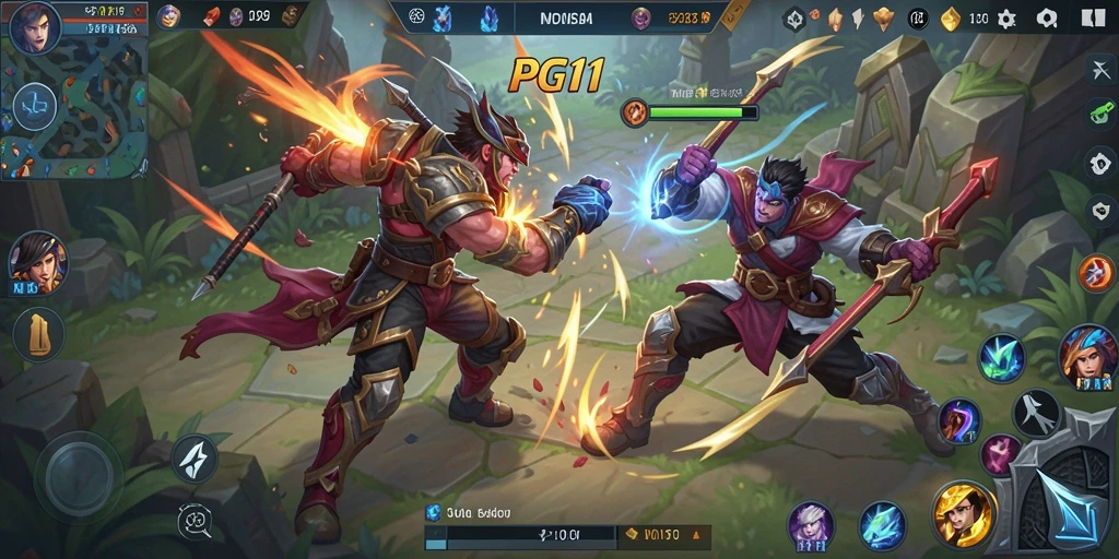 Screenshot utama PG11 menampilkan aksi pertarungan MOBA yang mendebarkan.
