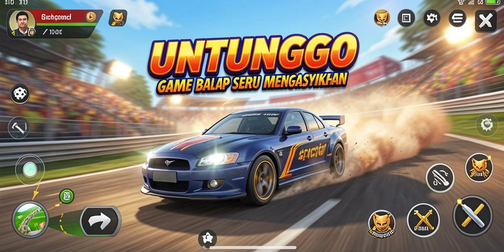 Screenshot utama UNTUNGGO menampilkan aksi balapan yang mendebarkan.